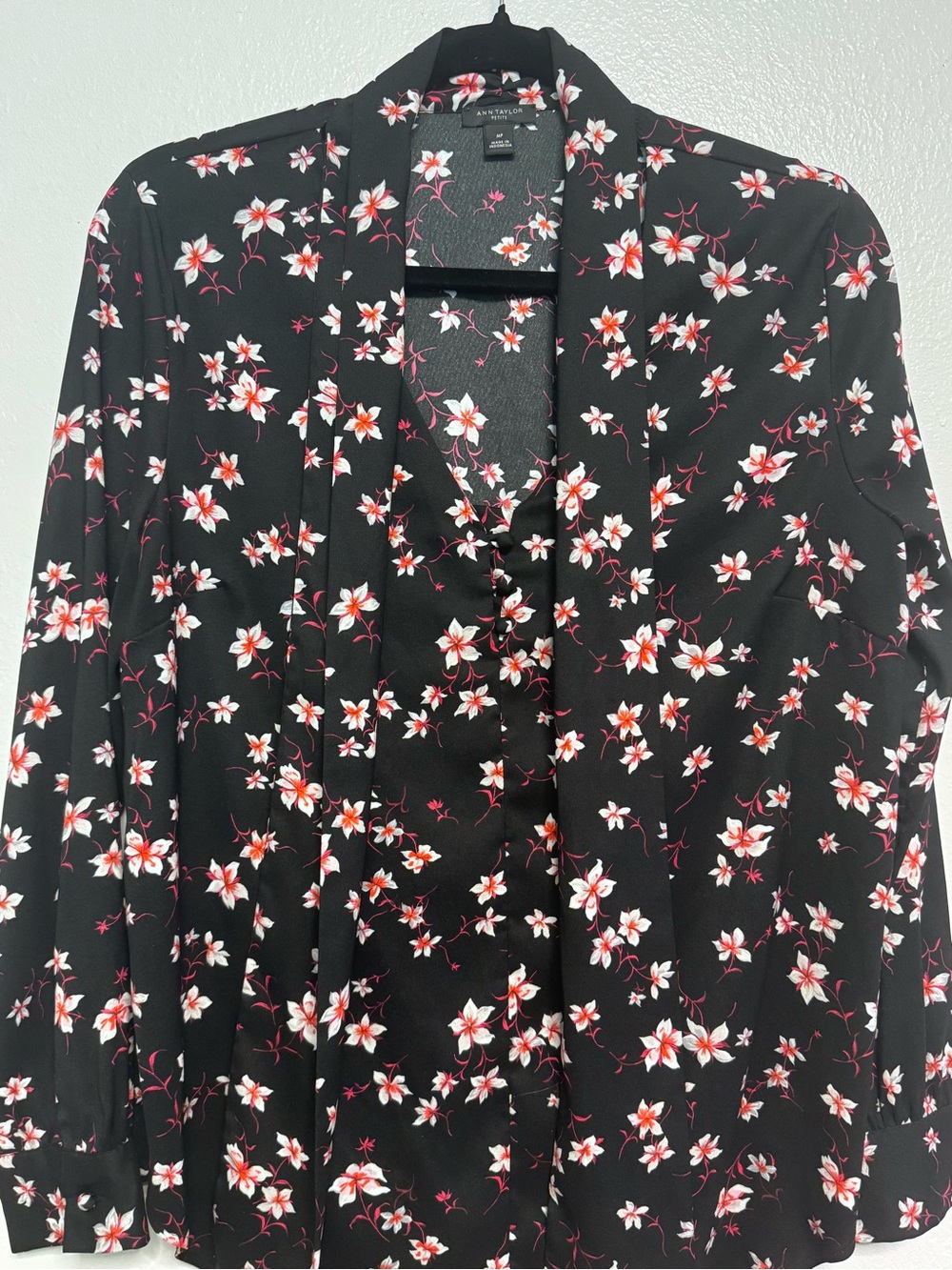 Ann Taylor Black Blouse with White and Pink Floral Print